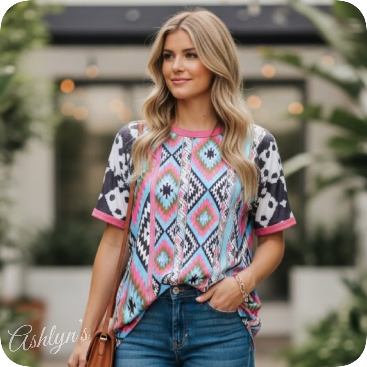 Splash of Fun Aztec Serape Blend Tunic Top with Cow Print Sleeves
