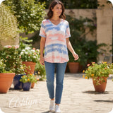 Tie Dye Stars and Stripes American Flag V Neck Tunic Top