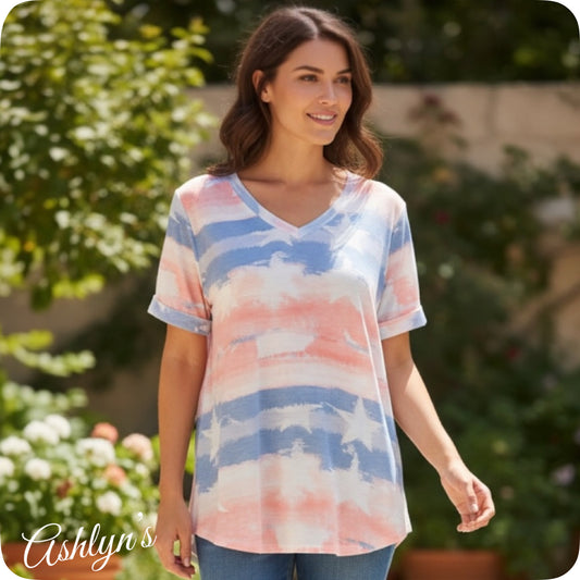 Tie Dye Stars and Stripes American Flag V Neck Tunic Top