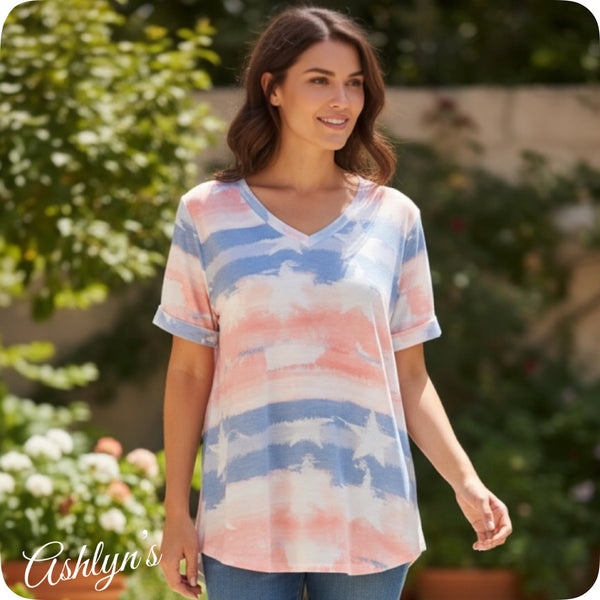 Tie Dye Stars and Stripes American Flag V Neck Tunic Top