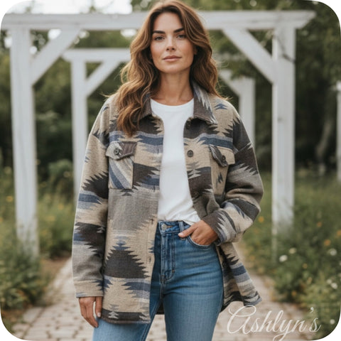 Hello Beautiful! Michelle W Khaki Blue Women’s Tribal-Aztec Print Jacket