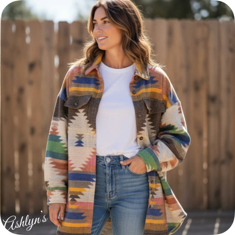 Hello Beautiful! Jennifer Pink Brown Highlights Tribal Aztec Shacket-Jacket