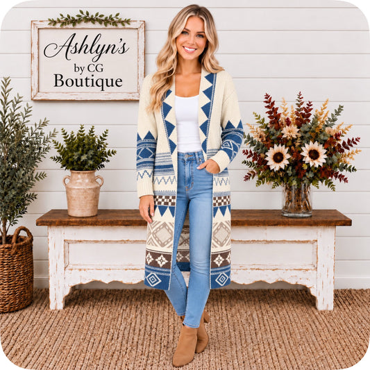 Casually Classy Southwestern Print Open Front Sweater Cardigan-Duster