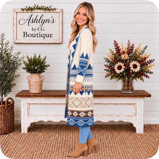 Casually Classy Southwestern Print Open Front Sweater Cardigan-Duster