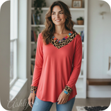 Casually Classy Animal-Serape Print V Neck Long Sleeve Coral Top
