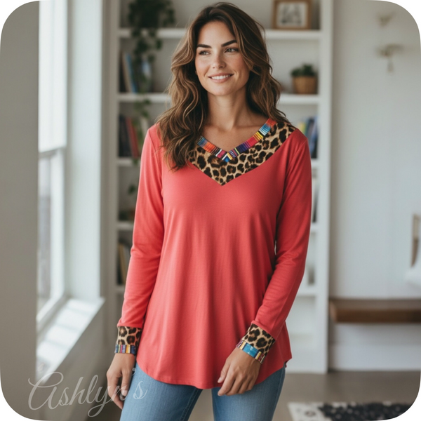 Casually Classy Animal-Serape Print V Neck Long Sleeve Coral Top