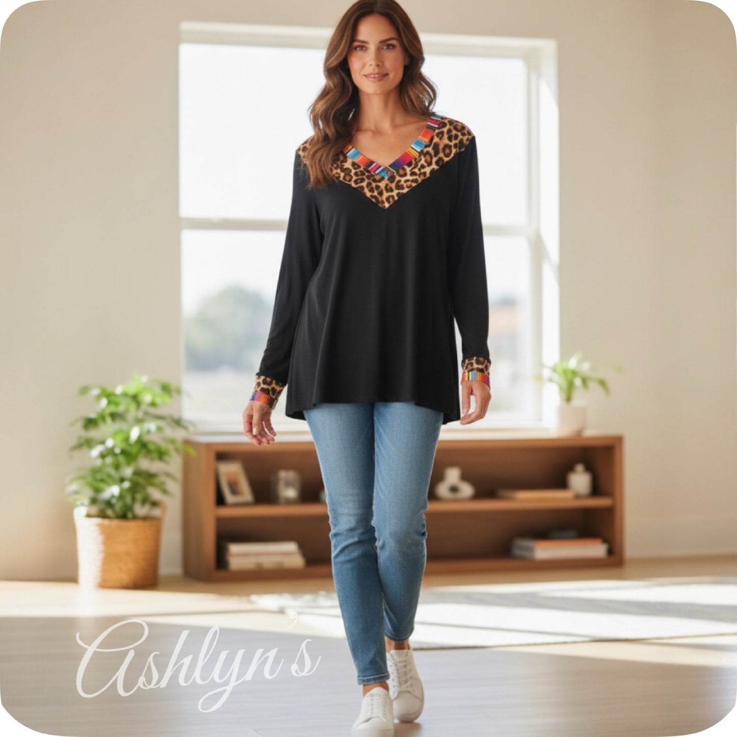 Casually Classy Animal-Serape Print V Neck Long Sleeve Black Top