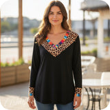 Casually Classy Animal-Serape Print V Neck Long Sleeve Black Top