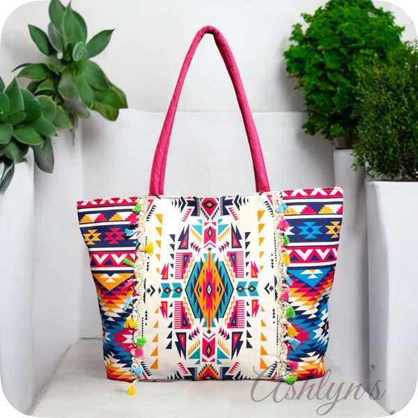 Color Me Happy-Boho Aztec Fringe Tote Bag-Weekender