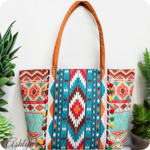 Summertime Fun Boho Aztec Fringe Tote Bag-Weekender