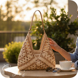 Tan Woven Straw Bucket Bag-Hobo Bag-Purse