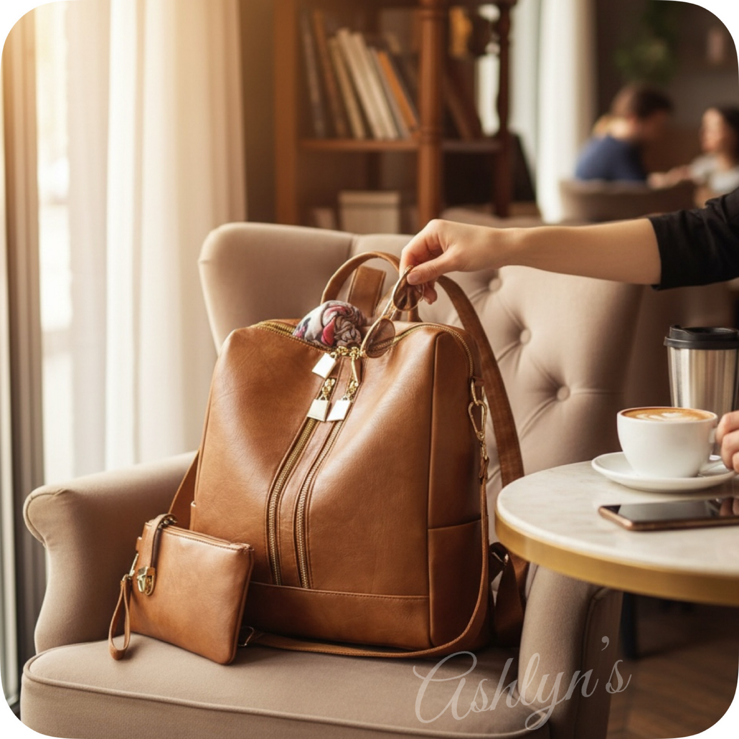 Tan Versatile Backpack with Pouch-Satchel-Purse-Shoulder Bag