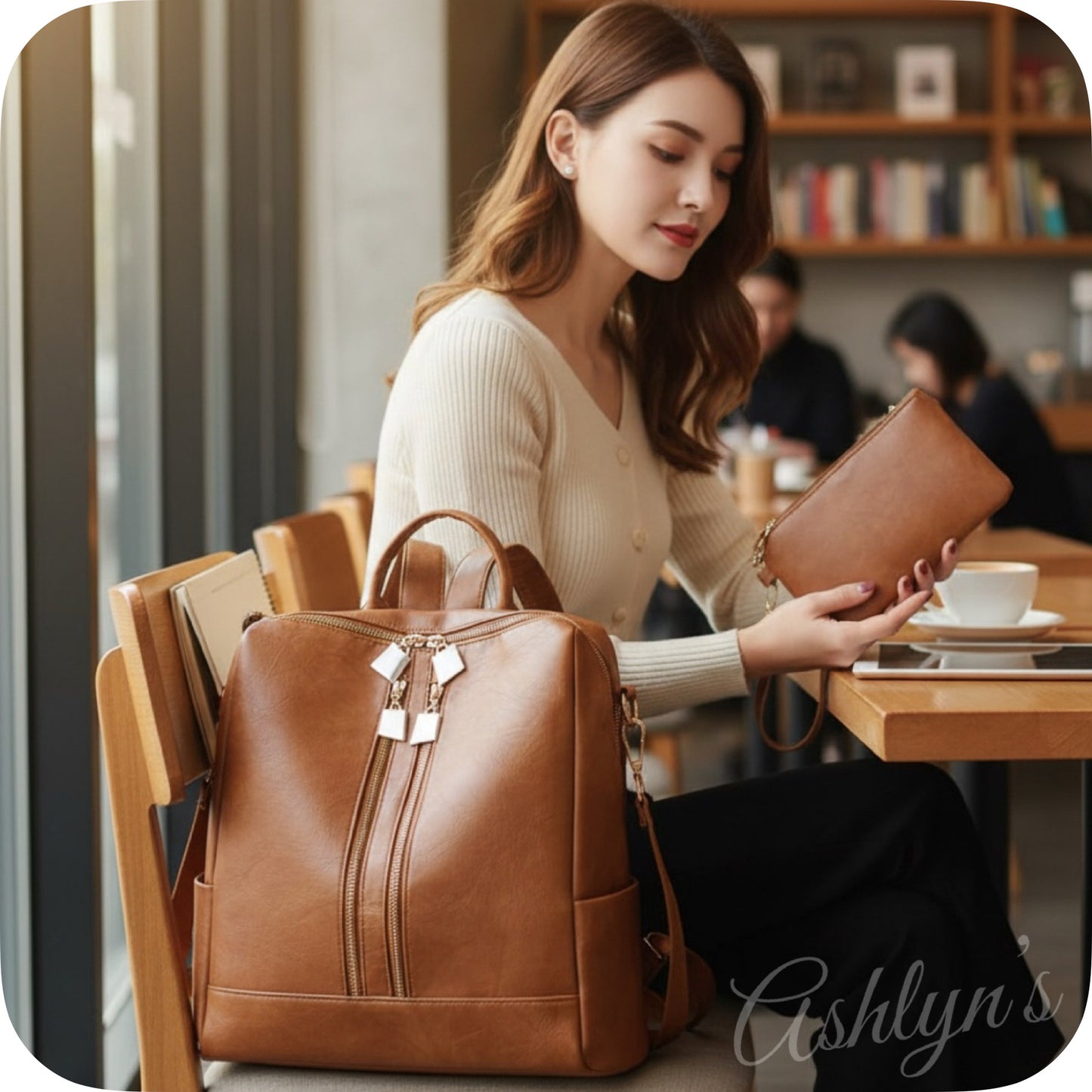 Tan Versatile Backpack with Pouch-Satchel-Purse-Shoulder Bag