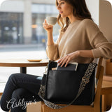 Black Leather Cross Body Bag with Leopard Strap-Satchel-Purse