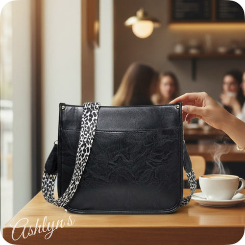 Black Leather Cross Body Bag with Leopard Strap-Satchel-Purse