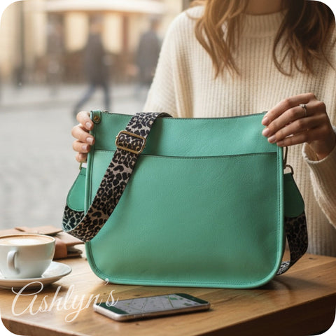 Mint Leather Cross Body Bag with Leopard Strap-Satchel-Purse