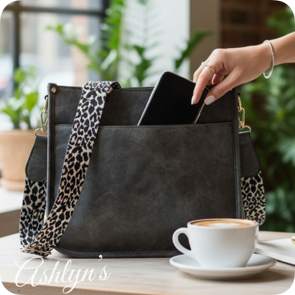 Gray Leather Cross Body Bag with Leopard Strap-Satchel-Purse