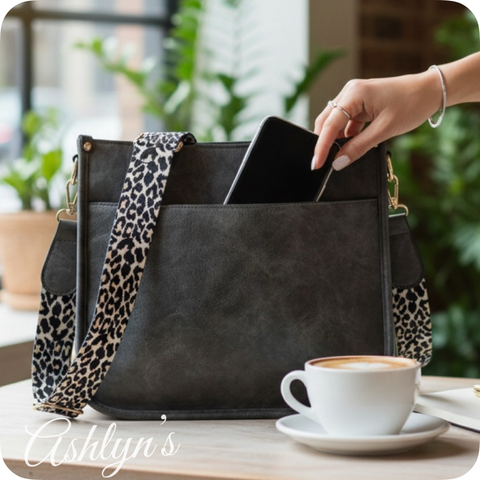 Gray Leather Cross Body Bag with Leopard Strap-Satchel-Purse