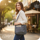 Gray Leather Cross Body Bag with Leopard Strap-Satchel-Purse