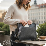 Gray Leather Cross Body Bag with Leopard Strap-Satchel-Purse