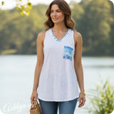 Casually Cute Blue Aztec Detail Ivory V Neck Sleeveless Top-Tank Top