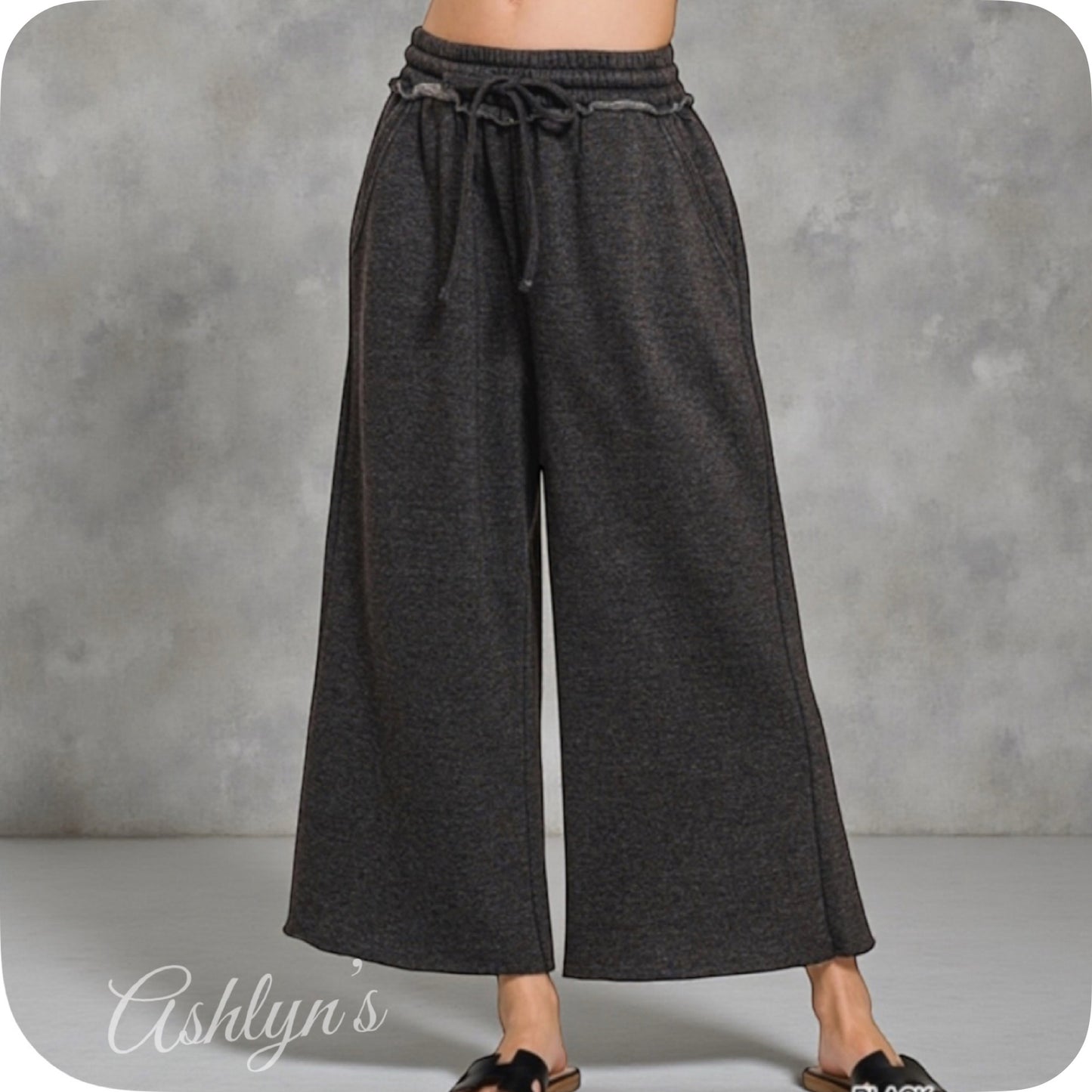 Zenana Acid Wash Fleece Black Palazzo Capri Pants with Pockets