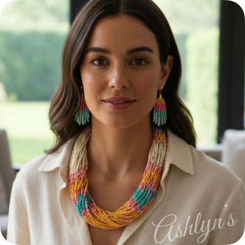 Ashlyn’s Classy Multi Strand Thick Twist Mustard Teal Necklace Set