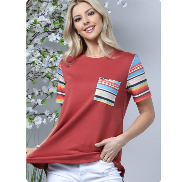 Ashlyn’s Serape Aztec Brick Raglan-Tunic Top