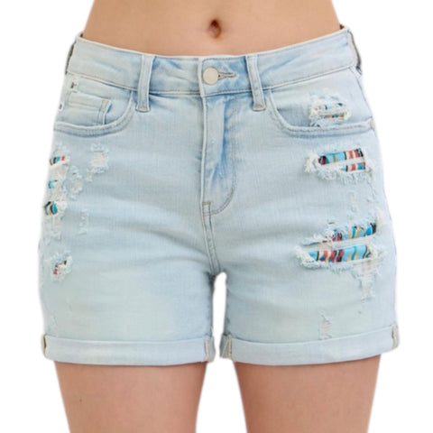 JUDY BLUE High Rise Cuffed Serape Lined Frayed Shorts