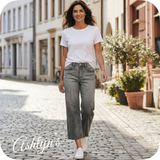 JUDY BLUE High Waist Vintage Grey Wash Front Pocket Embroidery Crop Wide Leg Capris