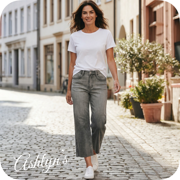 JUDY BLUE High Waist Vintage Grey Wash Front Pocket Embroidery Crop Wide Leg Capris