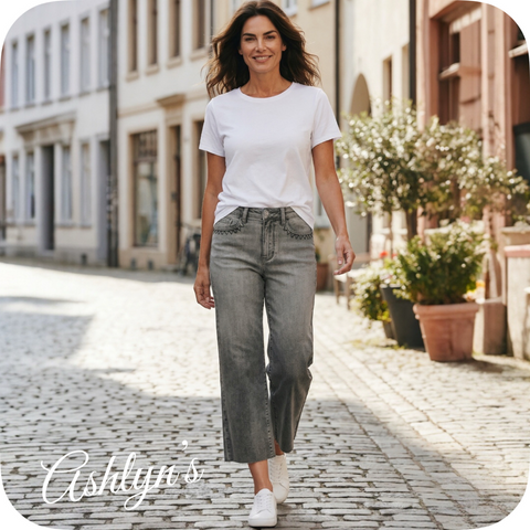 JUDY BLUE High Waist Vintage Grey Wash Front Pocket Embroidery Crop Wide Leg Capris