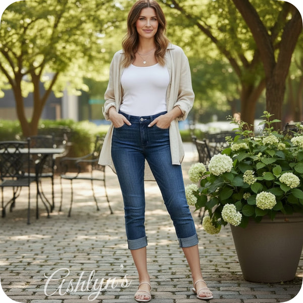 Judy Blue Dark Wash Cuffed Capris-Summer Comfort
