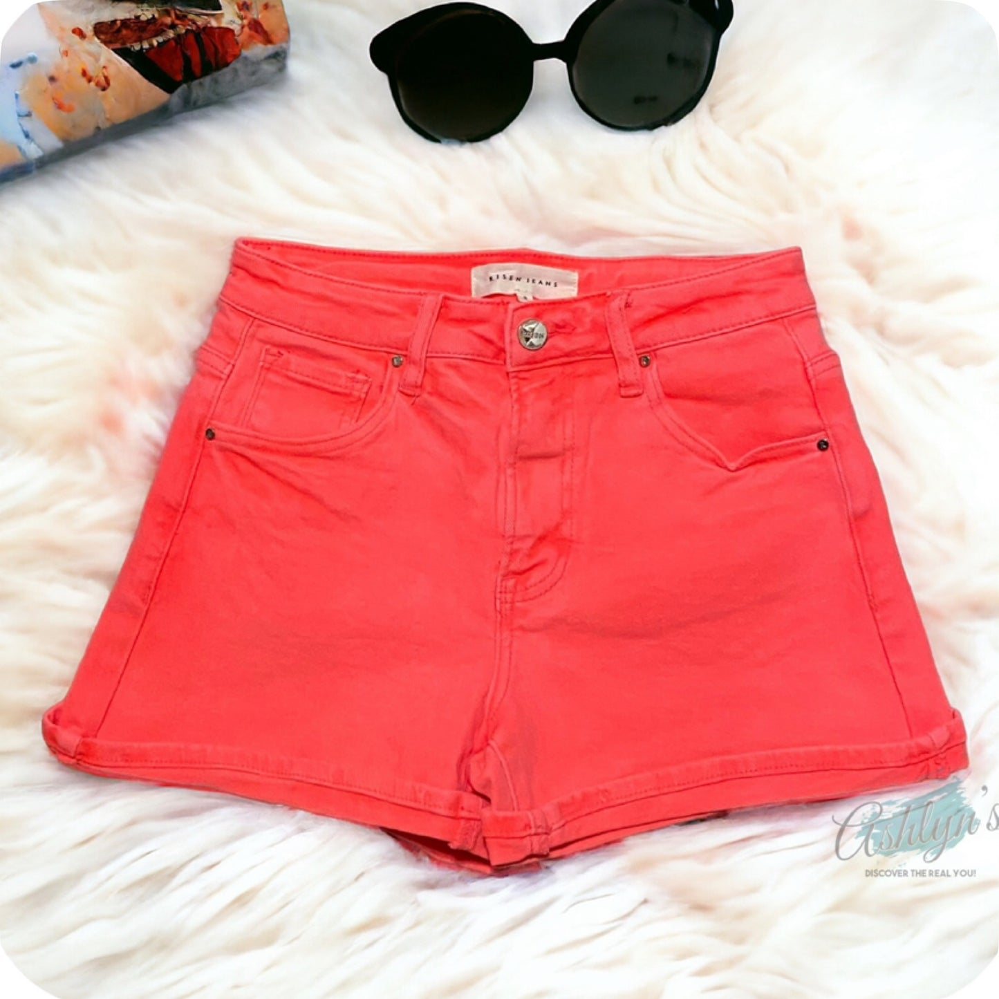 Risen High Rise Cuffed Neon Coral Shorts-Summer Comfort