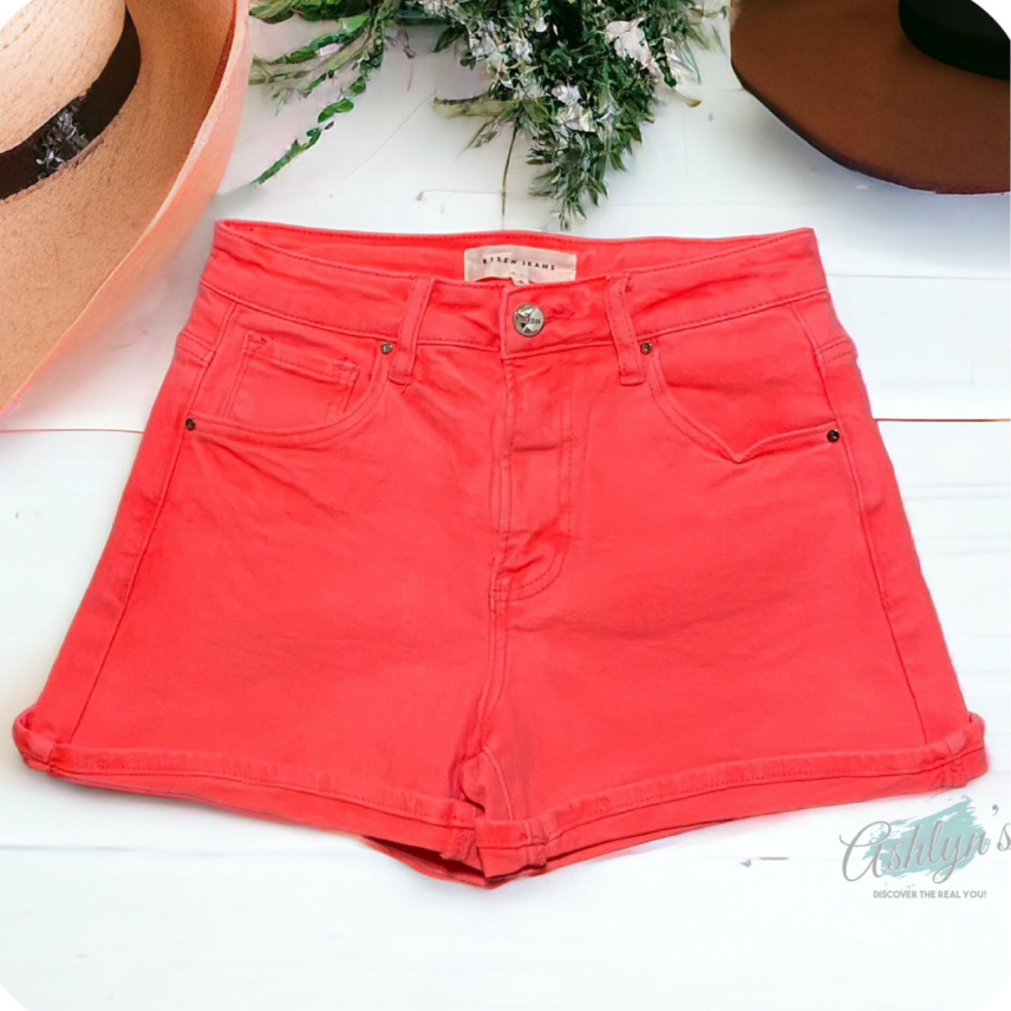 Risen High Rise Cuffed Neon Coral Shorts-Summer Comfort