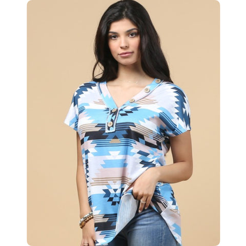 Casually Classy Aztec Print Button Detail Multi Blue Top-Tunic