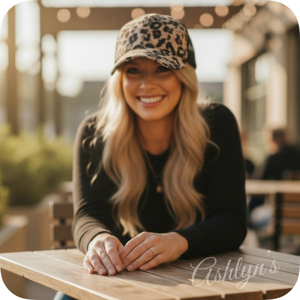 Crazy Cute Leopard PonyTail Back Tan Black Ball Cap