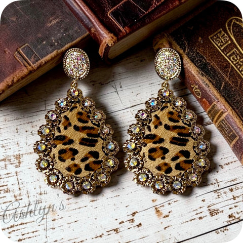 Rhinestone Accented Faux Fur Leopard Earrings