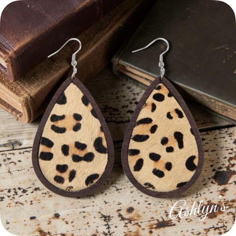 Leopard Leather and Wood Teardrop Earrings