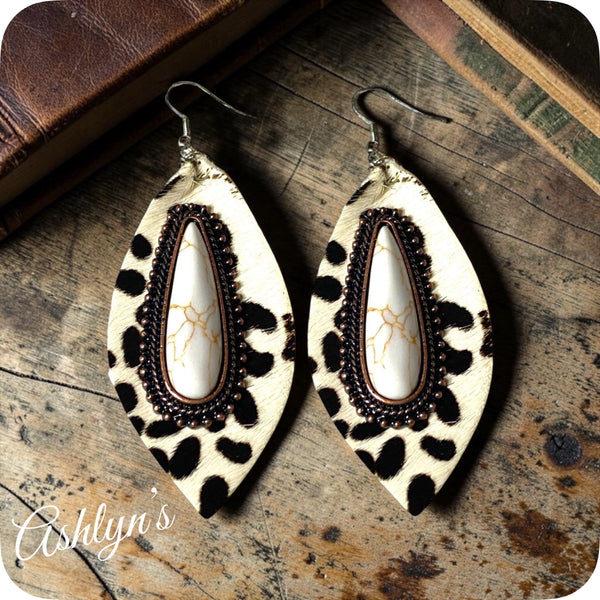 Stunning Ivory Leopard Leather and Stone Earrings