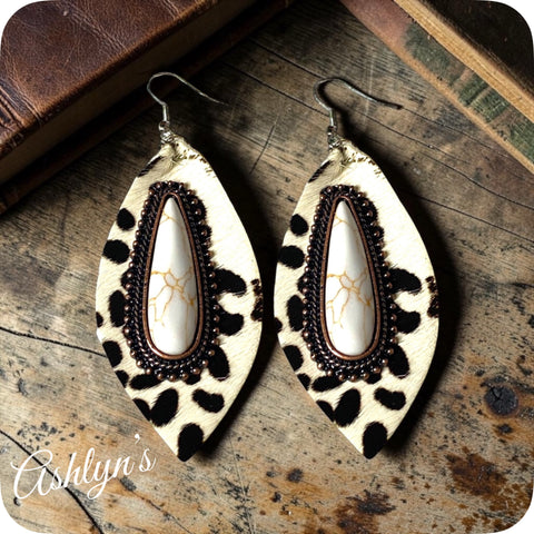 Stunning Ivory Leopard Leather and Stone Earrings