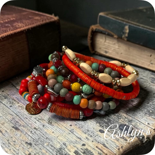 Versatile Bead and Stone Stackable Bracelet Set-Burnt Red