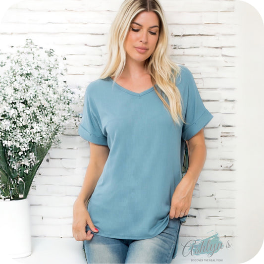Ashlyn’s Classic V Neck Ribbed Blue Denim Top-Tunic