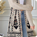Boho Asymmetric Print Long Beige Hooded Cardigan-Aztec Sweater-Duster-Oatmeal