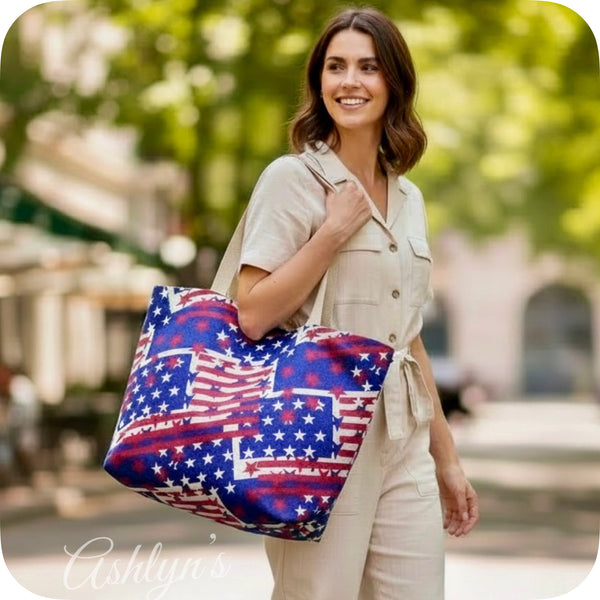 Ashlyn’s Beach Day to Any Day XL American Flag Tote Bag-Purse