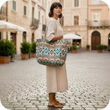 Ashlyn’s Beach Day to Any Day Beige Teal Geo Aztec and Leopard Tote Bag-Tribal-Purse