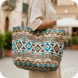 Ashlyn’s Beach Day to Any Day Beige Teal Geo Aztec and Leopard Tote Bag-Tribal-Purse