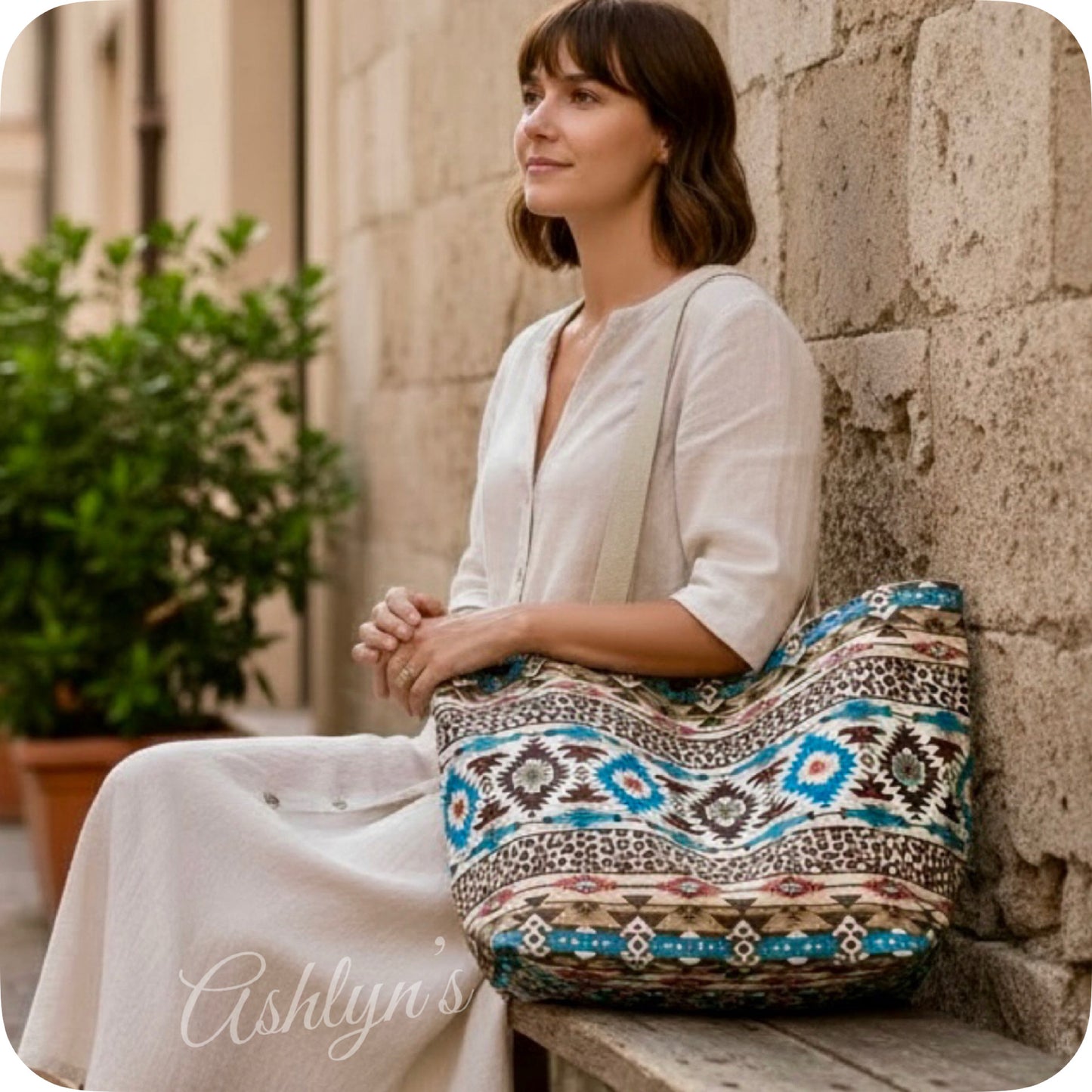 Ashlyn’s Beach Day to Any Day Beige Teal Geo Aztec and Leopard Tote Bag-Tribal-Purse