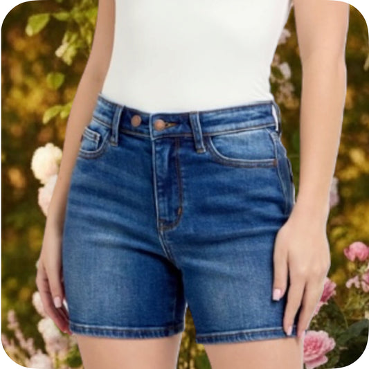 JUDY BLUE 2 Button Mid Length Dark Denim Dad Shorts