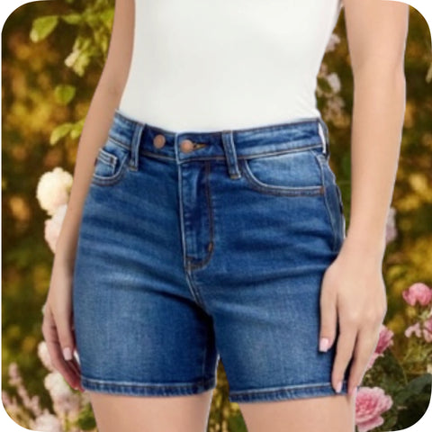 JUDY BLUE 2 Button Mid Length Dark Denim Dad Shorts